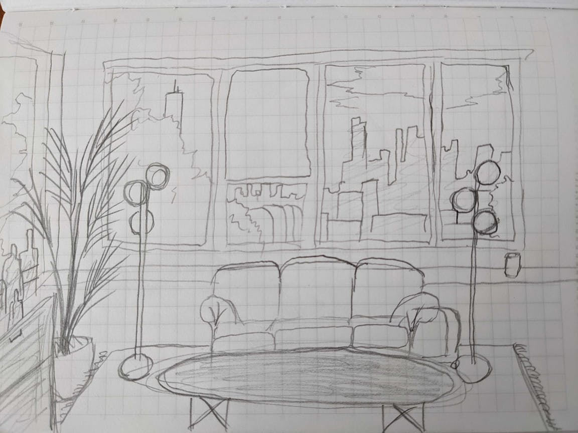 A sketchy illustration of a couch and table with a skyline in the background.